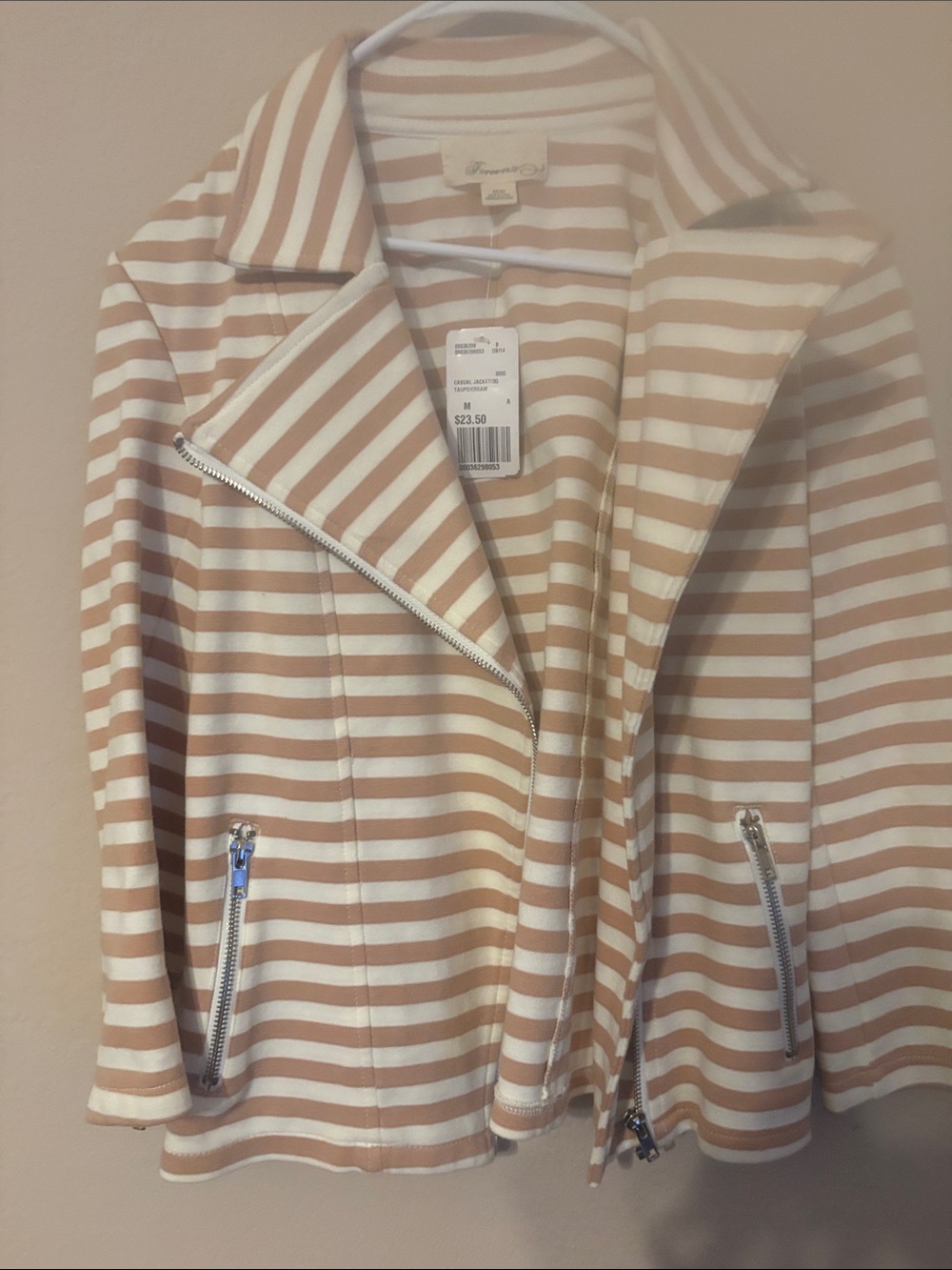 Striped Beige & White Moto Jacket - Women
